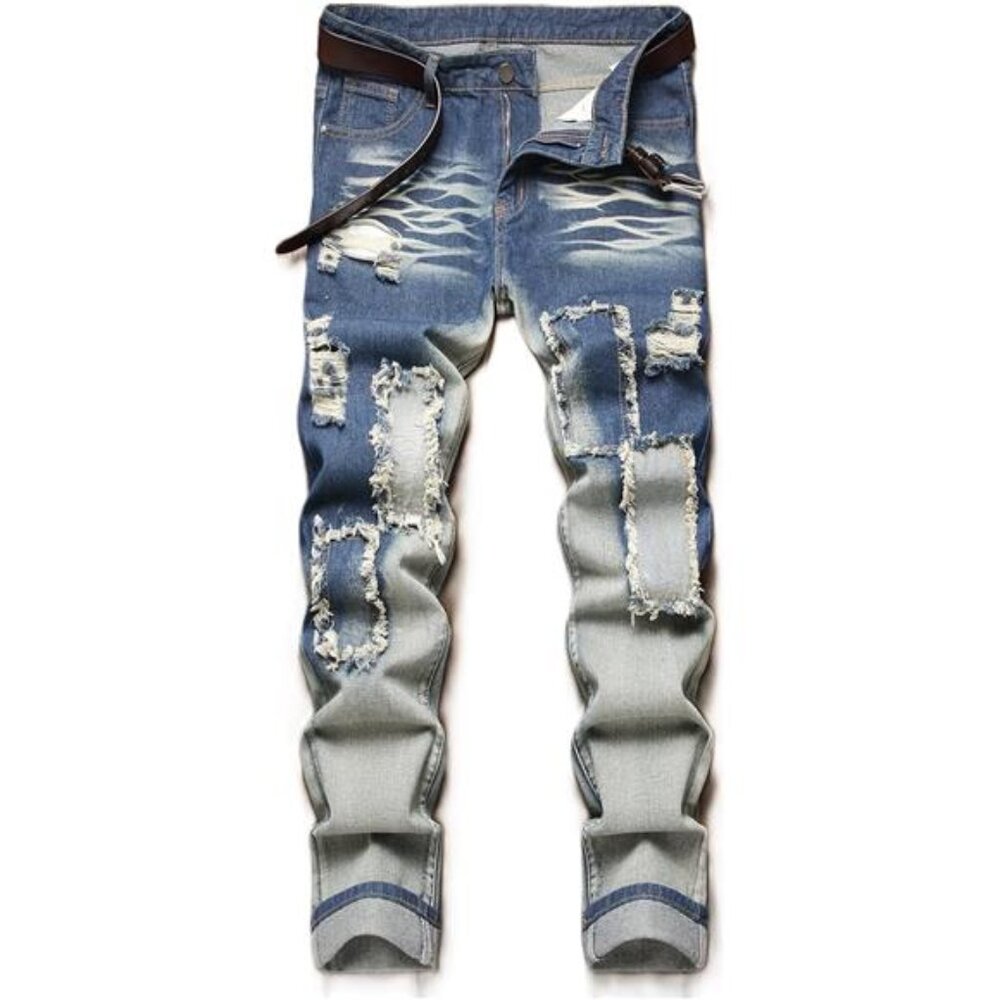 Men's Ripped Jeans Regular Fit Distressed Slim Straight Leg Stacked Biker